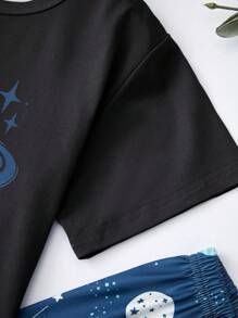 2 件套中大童黑色简约时尚满印太空元素圆领短袖上衣和休闲长裤家居服套装 - 黑色 - 查看 8