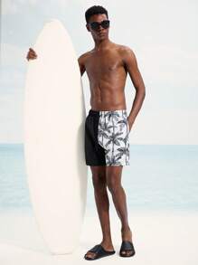 Surfspeed Men's Palm Tree Print Drawstring Waist Casual Beach Shorts  Man Swim Trunks - Black and White - View 6