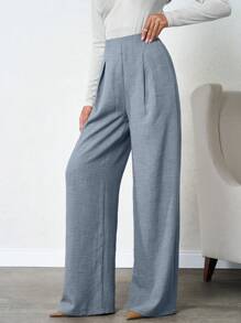 SHEIN Tall 100%Cotton Tall Women's Linen Beige Wide Leg Pants - Dusty Blue - View 6