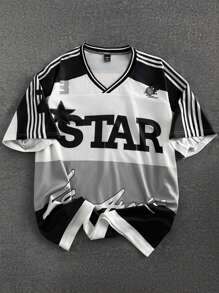 Manfinity Roghcode Manfinity Streetrush Men's V-Neck Short-Sleeved White Autumn Streetwear City Break Letter Print Ribbon Color Matching Los Angeles Graphic Star Jersey - White - View 2
