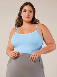 SHEIN BASICS 大码女式夏季休闲百搭纯色吊带背心 - 藍色 - 查看 4