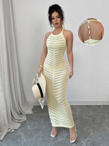 Elenzga Suspender-Style Summer Knitted Fitted Bodycon Mini Dress, Versatile & Slimming - Yellow - View 1