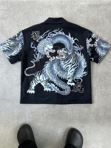 PAVTROS Manfinity Streetrush Men's Dragon & Tiger Print Street Style Cropped Zip Up Shirt - Black - View 5