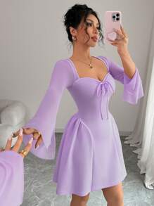 Selianne Neues Damen Mesh Patchwork Kleid mit geraffter Taille und Schleife am Kragen, A-Linie, tailliert, modisch, vielseitig, jung, elegant, sexy, Mini-Kleid - Violett - Übersicht 5