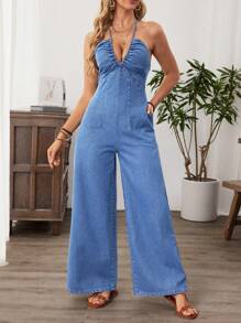 Breezaya 女士休闲牛仔吊带连体裤，时尚，适合夏季 - 藍色 - 查看 6