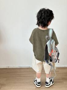 SHEIN 1 件年轻男孩休闲运动学院日韩宽松水洗柔软舒适圆领T恤适合孩子返校适合生日派对、聚会、表演、婚礼、洗礼、返校日常适合上学适合旅行适合运动适合春夏季 - 橄欖綠 - 查看 6