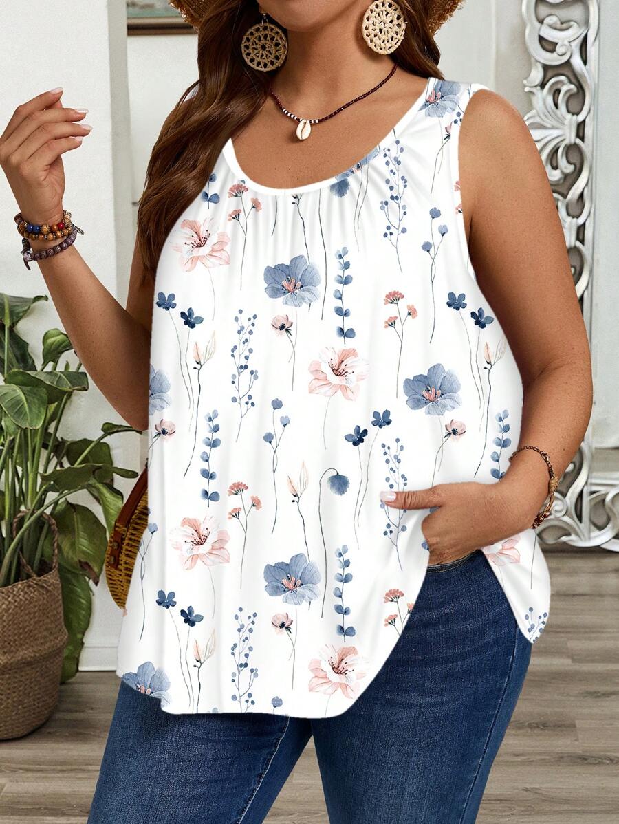 EMERY ROSE Plus Size Casual Ditsy Floral Loose Fit Pleated Wide Strap Camisole And Tank Top, Suitable For Spring/Summer Suitable For Going Out - Multicolor - View 1