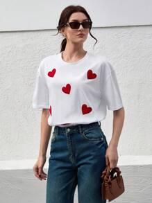 EURMUSE Casualowa koszulka z krótkim rękawem w kontrastowym kolorze z haftowanym sercem, lato