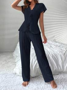 SHEIN Women's Plain Color Ruffle Trim Tie Front Top And Pants Pajama Set - Navy Blue - View 6