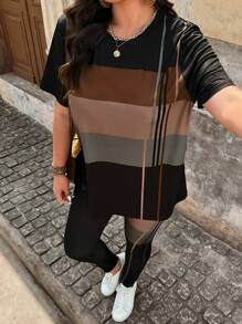 SHEIN LUNE Ensemble de deux pièces T-shirt à manches courtes à encolure ronde à motif rayé coloré et legging long à taille haute à motif rayé coloré pour femmes de grande taille