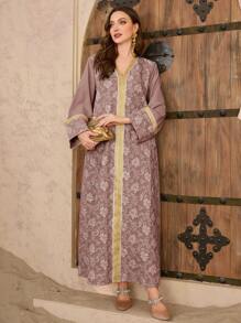 Al Najma Women's V-Neck Jacquard Textured Modest Elegant Turkish & Arabic Style Maxi Dress, Spring/Summer, Kaftan - Dusty Pink - View 4