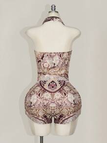 SHEIN ICON Plus Size Bohemian Style Print Halter Asymmetrical Hem 2pcs Set, Backless Crop Top & Shorts, Western Style Outfit - Multicolor - View 2