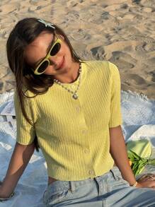 Jouncy 女士单排扣圆领休闲黄色针织短款开衫 - 薄荷綠 - 查看 3