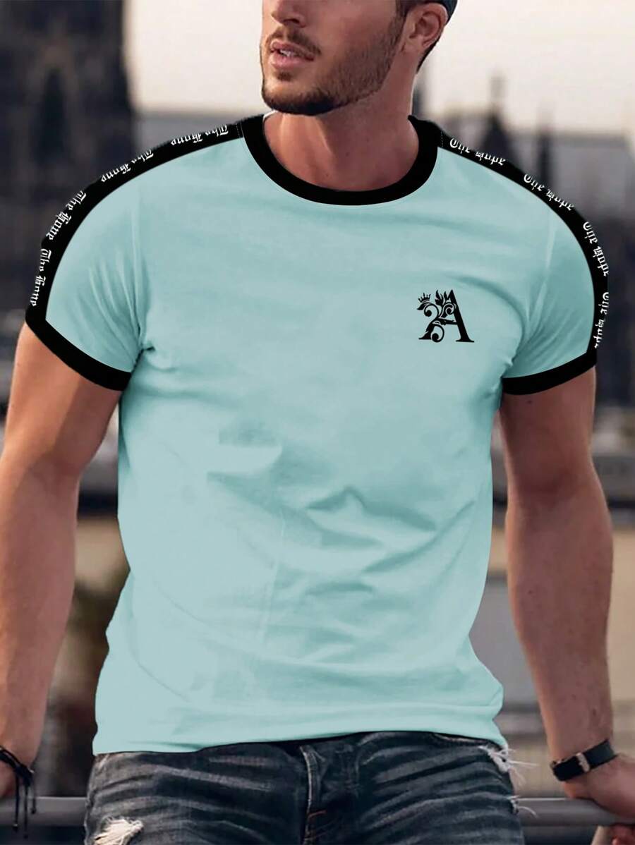 Manfinity Homme Men's Letter Print Round Neck Short Sleeve Casual Versatile T-Shirt - Baby Blue - View 1