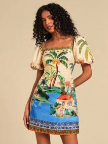 Travachic 女士假日棕榈树印花方领泡泡袖迷你连衣裙、女士夏季服装、女士沙滩装、女士西部装、女士演唱会服装、波西米亚风、热带度假、女士波西米亚风连衣裙、女士热带风连衣裙、女士连衣裙、新款度假女士连衣裙、女士度假服装