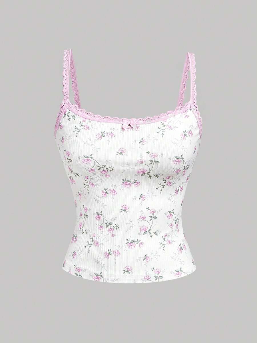 SHEIN MOD 女式蕾丝针织花卉修身细肩带吊带背心，夏季女式上衣，春季服装，海滩度假上衣，早午餐装，沙滩上衣，狂欢装，休闲夏季上衣 - 白色 - 查看 1