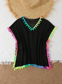 SHEIN Young Girl Vacation Beach Kaftan With Colorful Pom Pom Trims - Black - View 6