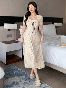 DAZY Mixed Color Polka Dot Print Bow Decor 2 In 1 Nightgown Pajama