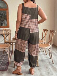 Linhara 大码格子印花口袋无袖连体裤，夏季休闲 - 軍綠色 - 查看 2