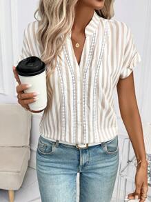 SHEIN Clasi Elegant Dress Women  Women's New Sleeve Shirt With Button, Striped Patchwork Ruffle, Professional Office Wear Blouse Summer Clothes Business Casual Woman Business Casual Woman Tops Summer Shirts - Multicolor - View 3