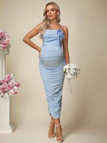 SHEIN Elegant Maternity Solid Color 3D Flower Decorated Ruched Fitted Strap Dress - Blue - View 6