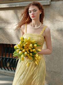 MOTF STUDIO LACE GATHERED FLOWY CAMI DRESS - Yellow - View 10