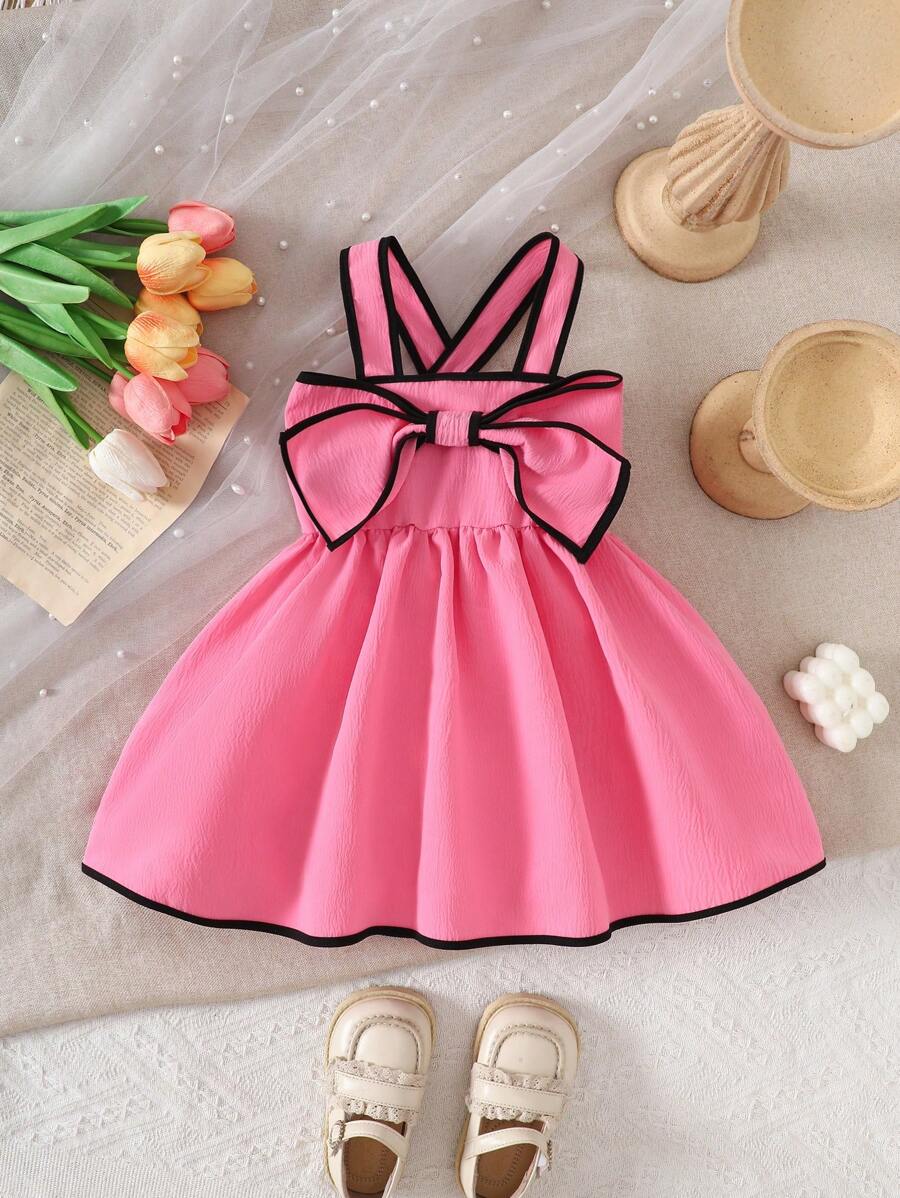 SHEIN 女婴优雅纹理面料对比蝴蝶结连衣裙 - 粉色 - 查看 1