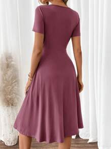 SHEIN Clasi 女士 V 领短袖 A 字形绿色连衣裙 - 淺灰紫 - 查看 2