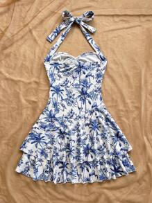Soleia Vestido mini estilo halter para mujer, estampado de flores azul y blanco, estampado de árbol de coco, para verano y vacaciones en la playa