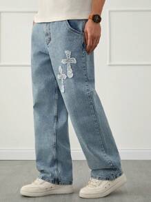 RueChic Men Steet Life Light Blue Washed Cross Patched Straight Leg Jeans - Blue - View 1