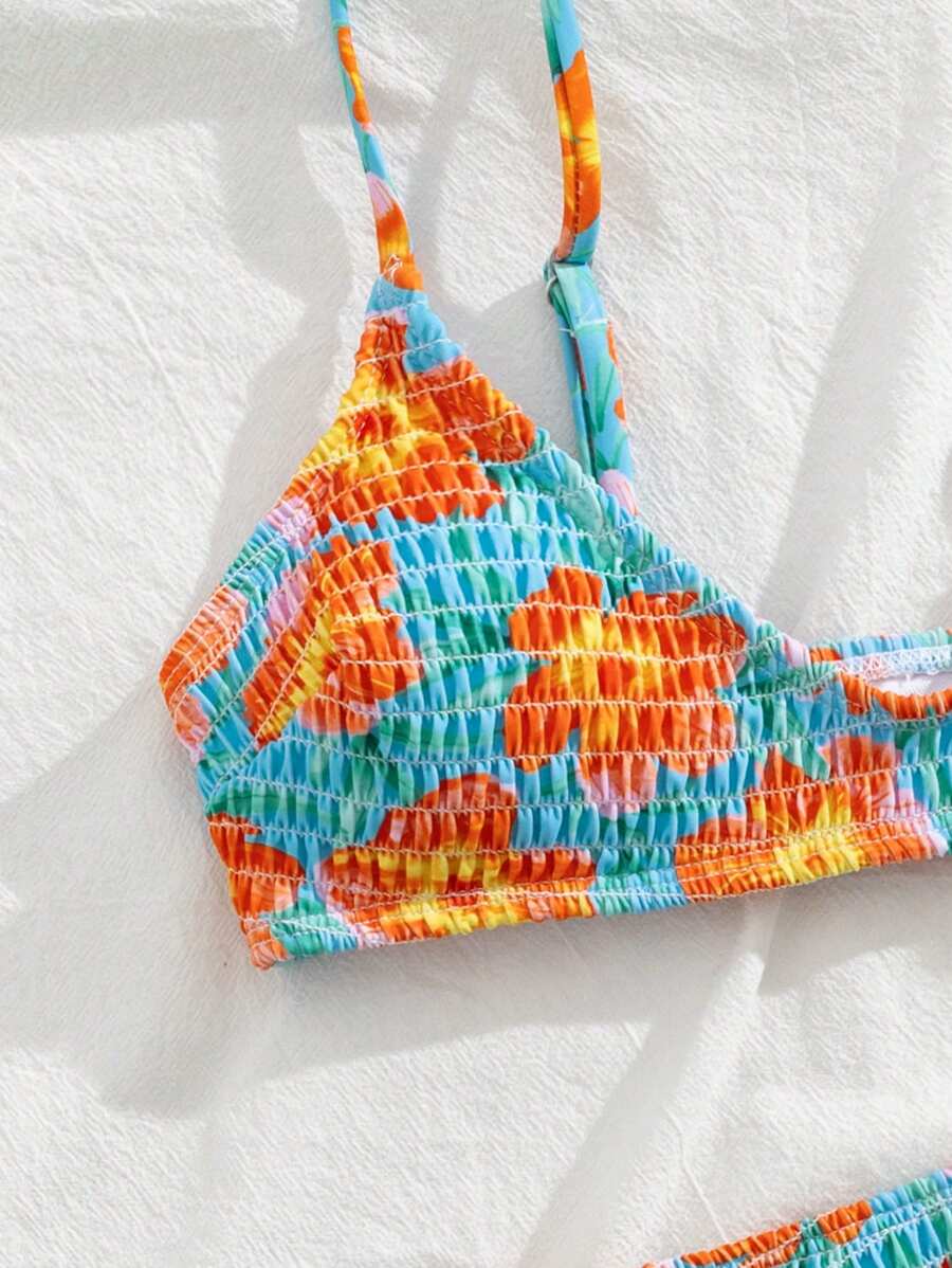 Swim Mod 2pcs/Set Sexy Floral Print Spaghetti Strap Crop Top And Bikini Set, Summer Vacation Style - Multicolor - View 1