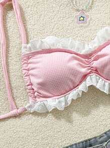 Swim Mod 可爱粉色格子荷叶边细肩带女式泳衣套装，夏季沙滩装 - 粉色 - 查看 3