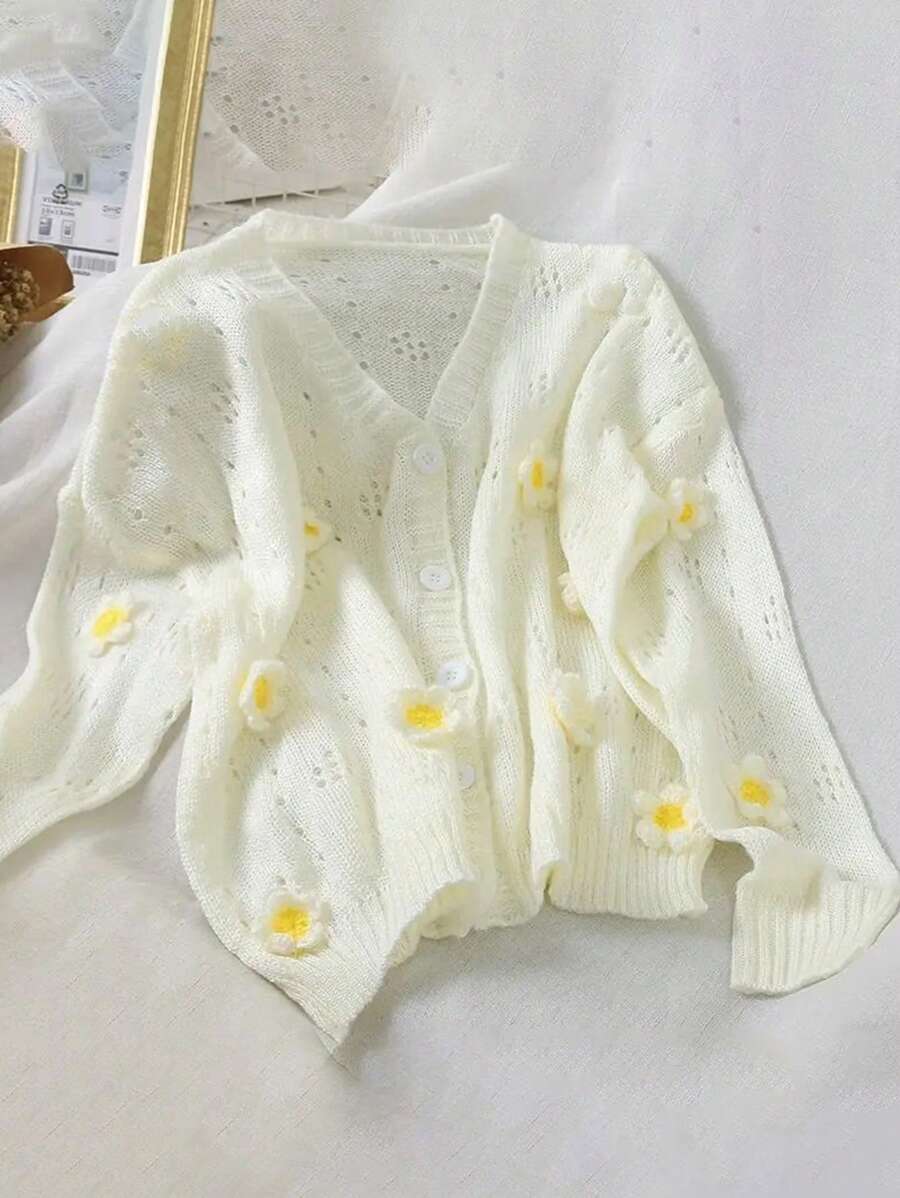 INAWLY Plus Size Women 3D Floral Decor Hollow Out Knit Cardigan - Multicolor - View 1