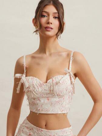 L'Amorae 优雅碎花纹理无袖紧身胸衣短款褶饰春夏度假上衣，带蝴蝶结细节，女士夏季服装