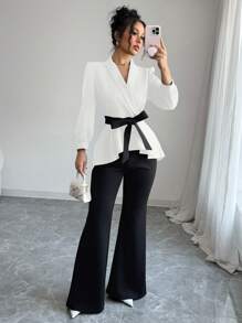INAWLY Conjunto de 2 piezas con camisa de manga de linterna elegante para oficina y viajes, y pantalones de campana