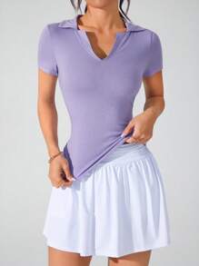 Dewbera Camiseta polo deportiva de mujer de manga corta con plisado en unicolor, de verano