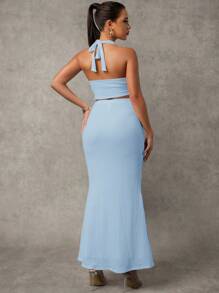 MaterniChic 2pcs/Set Solid Color Maternity Twist Front Sleeveless Tank Top And Adjustable Waist Midi Skirt Set Baby Shower Maternity Dress For Photoshoot - Blue - View 7