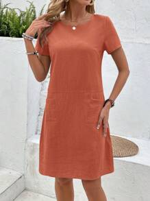 EMERY ROSE Gaun Musim Panas Kasual Lengan Pendek Warna Polos untuk Wanita, Gaun Musim Panas untuk Wanita - Rust Brown - View 5