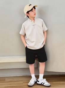 SHEIN Leap Crew 1 件青少年男孩休闲运动学院复古立领带徽章装饰衬衫适合返校适合生日派对、晚会、表演、婚礼、洗礼、开幕式日常适合日常使用适合上学适合旅行适合运动适合春夏季节 - 卡其色 - 查看 2