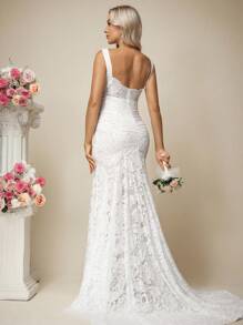 SHEIN 孕妇优雅纯色蕾丝拖尾婚纱 - 白色 - 查看 3