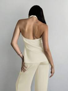 Aloruh Top sans manches de couleur unie avec fente latérale et col ras-du-cou, convient pour le trajet domicile-travail - Nude - Voir 2