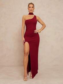 Lumalex Burgundy Summer Elegant Dinner Dress,Women's Satin Extra Long Solid Color Oblique Shoulder Asymmetrical Simple Wedding Banquet Party Seaside Gown - Burgundy - View 6