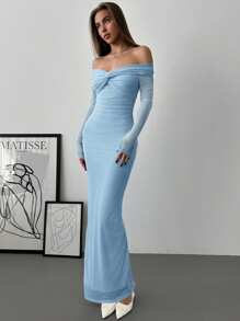 Aloruh 女士浪漫露肩网眼扭褶长袖连衣裙 - 藍色 - 查看 3