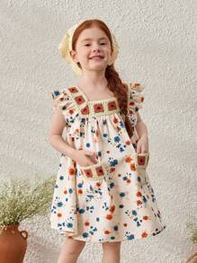 Blossori Kleine Mädchen Französischer eleganter gelber Blumenkleid, Ärmellos, Frühling/Sommer - Verschiedenfarbig - Übersicht 5