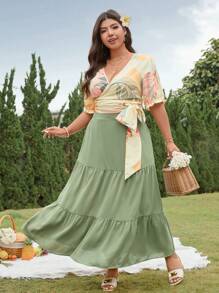 SHEIN Clasi 2 件套大码女式夏季短袖长裙，中式风格，休闲度假装，适合圣帕特里克节、复活节、情人节、感恩节、圣诞节，宽松合身，引人注目 - 彩色 - 查看 3