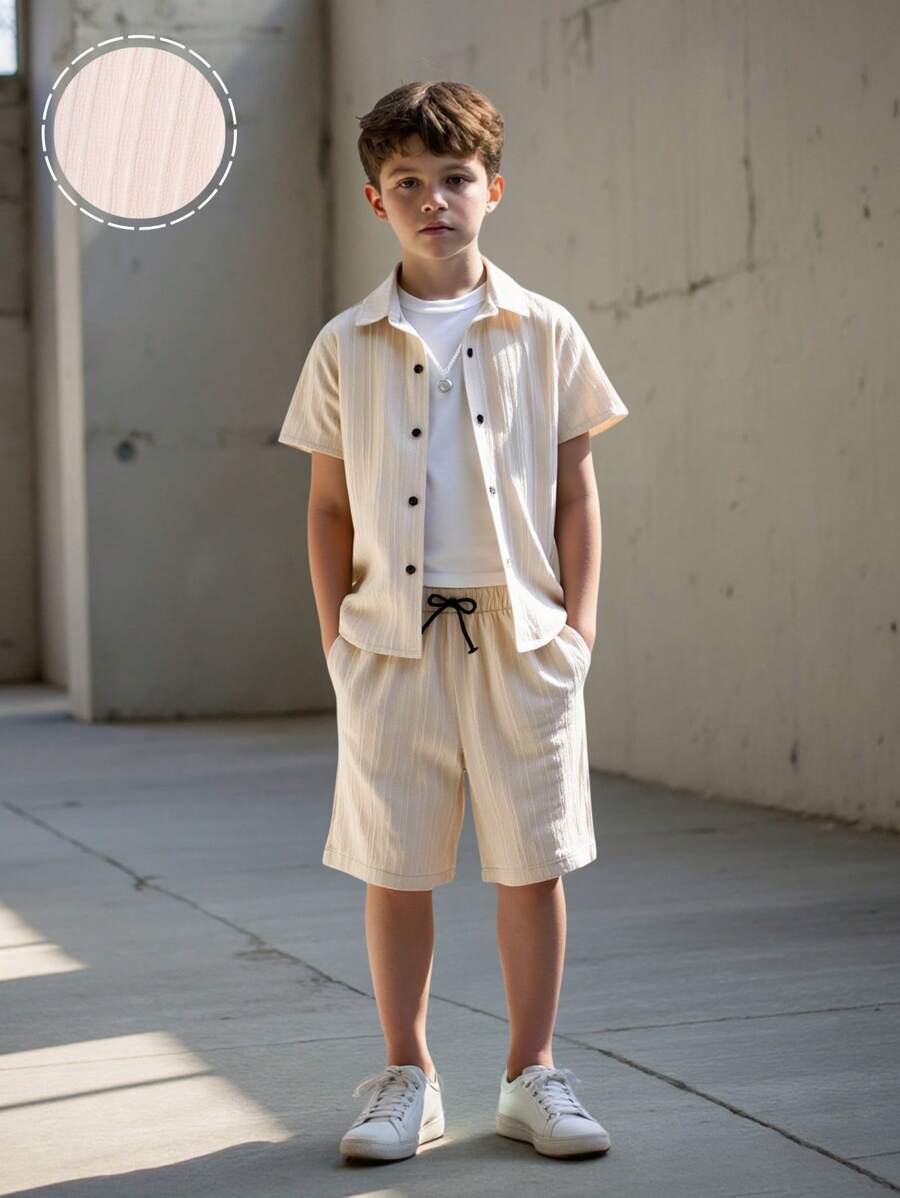 SHEIN Conjunto Informal De Camisa Y Pantalones Cortos De Manga Corta De Color Sólido Para Niños Tween Para Verano - Caqui - Ver 1