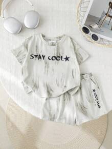 SHEIN 2pcs Set Baby Boy/Girl Casual Chic Korean Style Soft & Graphic Letter Print Tie Dye Shorts Set, Comfortable & Versatile For Spring/Summer - Khaki - View 3