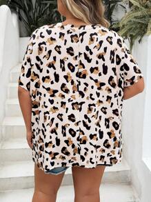 SHEIN CURVE+ Plus Size Women Leopard Print Short Sleeve Casual T-Shirt, Suitable For Summer, Music Festival