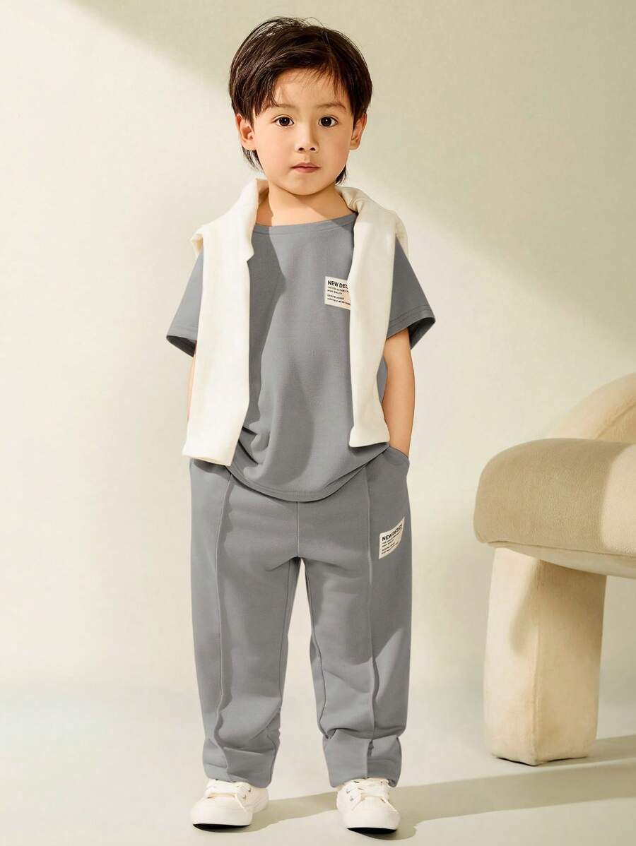 Bộ 2 áo phông tay ngắn thường ngày và quần dài cho bé trai, phù hợp cho hoạt động ngoài trời, trường học, tụ tập hàng ngày, mùa xuân/hè - Xám - Xem 1