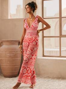 Swim Oasis Bộ đồ bơi một mảnh không tay buộc dây phong cách Boho Vintage dành cho nữ kèm quần ống rộng, trang phục dự tiệc bãi biển mùa hè giản dị thanh lịch - Đỏ và trắng - Xem 7